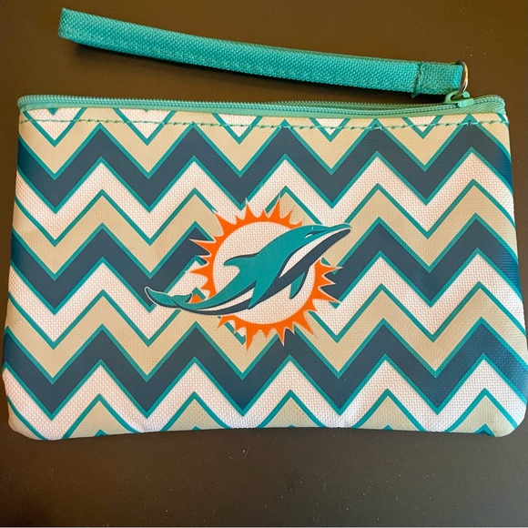 Miami Dolphins wristlet orange&teal zipper pouch w/ID window NFL license sticker - Picture 6 of 6
